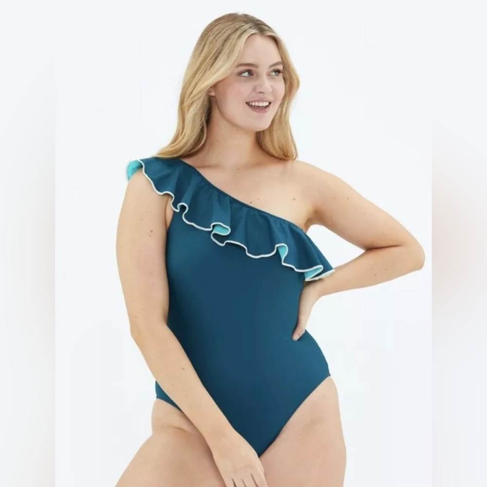 Summersalt Ruffle Sidestroke Seaweed Green Blue Coastal Sz 10 $95 + tax